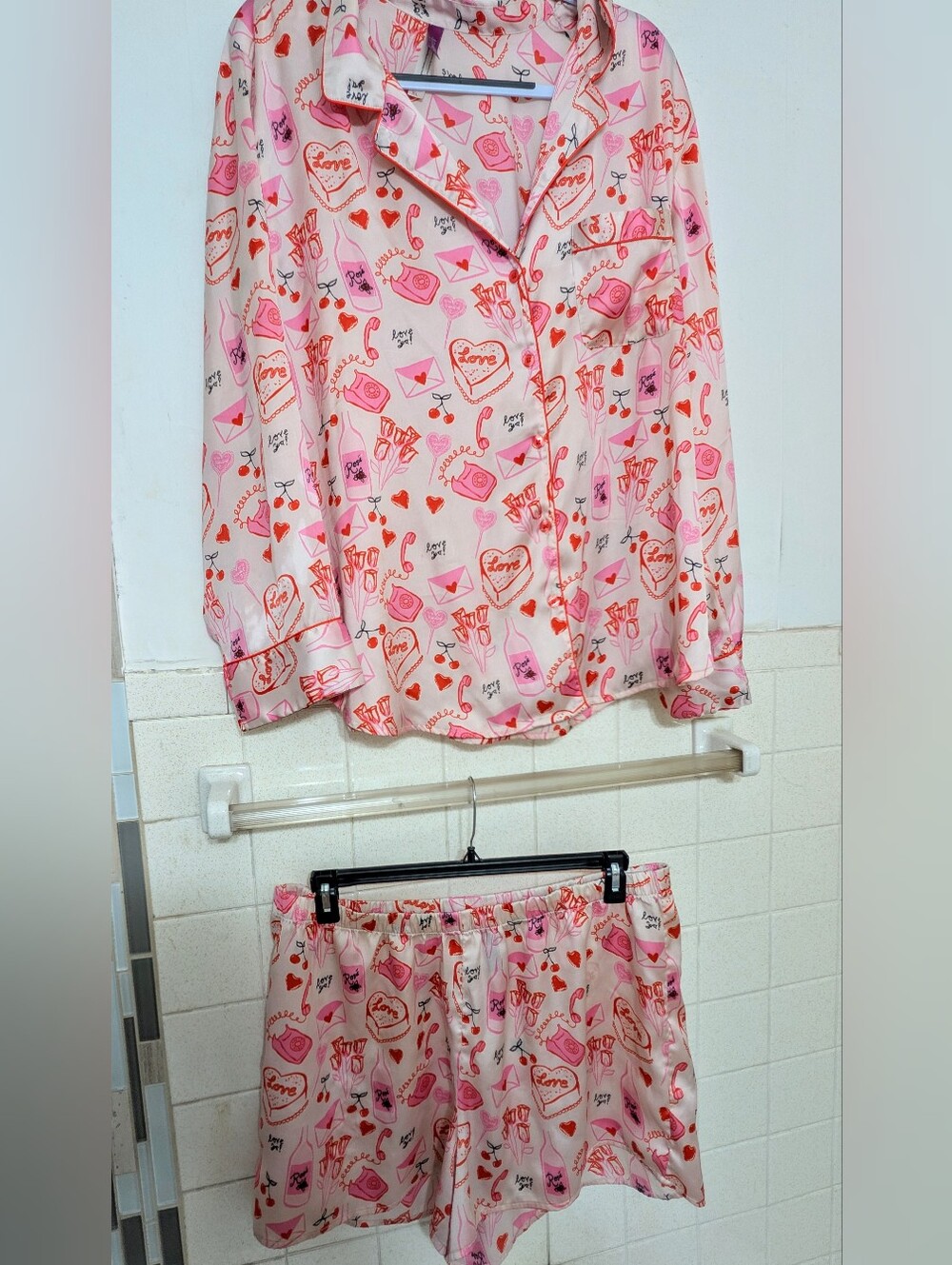 Adore Me Pink and Red Love-Print Satin Pajama Set